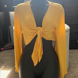 Long Sleeve Tie Front Yellow Crop Top